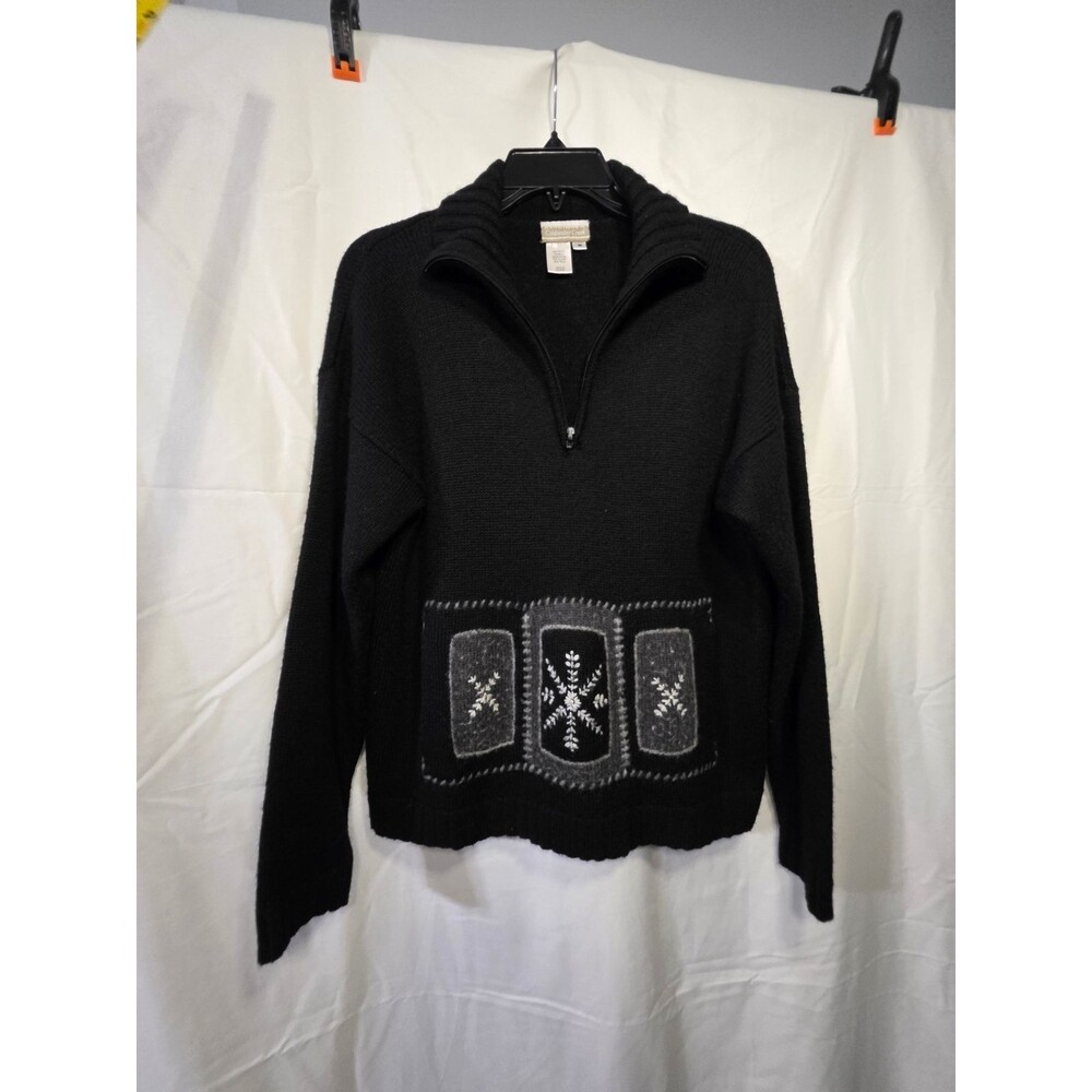 Coldwater Creek Women M Black 1/4 Zip Knit Pullover Sweater Snowflake